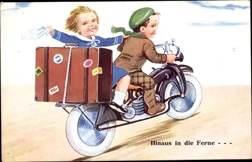 Künstler Ak Wills, John, Hinaus in die Ferne, zwei Kinder auf dem Motorrad