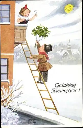 Künstler Ak Wills, John, Glückwunsch Neujahr, Junge mit Kleeblättern auf einer Leiter, Mädchen