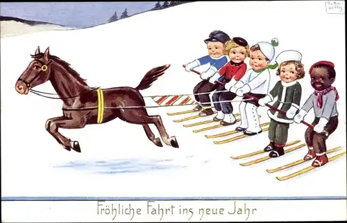 Künstler Ak Wills, John, Kinder auf Skiern lassen sich von einem Pferd ziehen