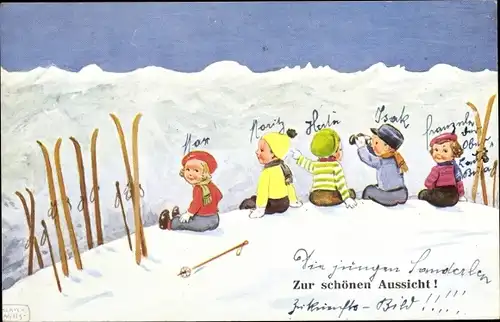 Künstler Ak Wills, John, Glückwunsch Neujahr, Ski, Kinder, Gipfel, Schneelandschaft