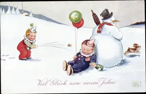 Künstler Ak Wills, John, Glückwunsch Neujahr, Schneemann, Kinder mit Sektflaschen, Luftballons, Hund