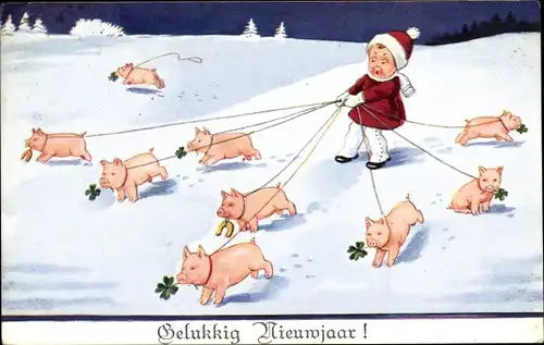 Künstler Ak Bonne Année, Glückwunsch Neujahr, Schweine, Kleeblätter, Hufeisen