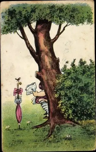 Künstler Ak Frau geht auf die Toilette hinter dem Baum, Sonnenschirm