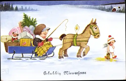 Künstler Ak Wills, John, Neujahr, Schlitten, Geschenke, Tannenbaum, Engel