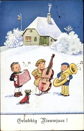 Künstler Ak Neujahr, Kinder beim Musizieren, Hund