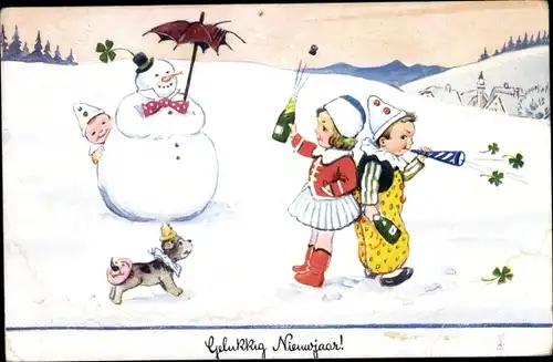 Ak Fröhliches Neujahr, Schneemann, Kinder, Sektflaschen, Kleeblätter, Hund