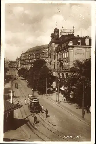 Ak Plauen im Vogtland, Straßenbahn, Konditorei Trömel
