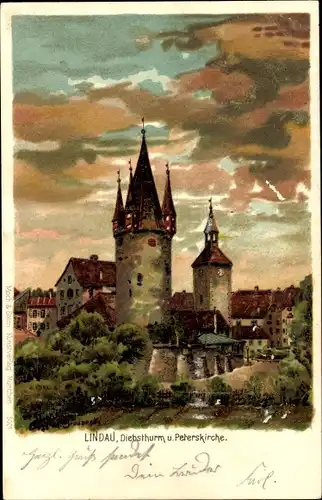 Litho Lindau am Bodensee Schwaben, Diebsturm, Peterskirche