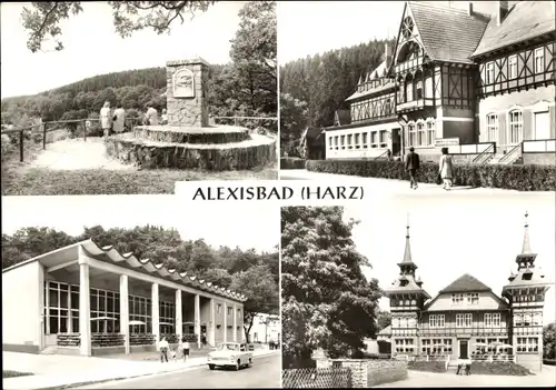 Ak Alexisbad Harzgerode am Harz, Friedensdenkmal, Hotel Linde, Cafe Exquisit, Gaststätte Goldene Aue