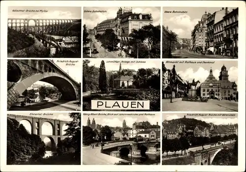 Ak Plauen im Vogtland, Elstertal-Brücke, Bahnhofstraße, Friedrich-August-Brücke, Altmarkt, Rathaus