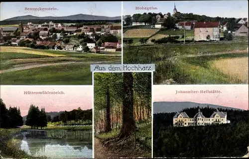 Ak Benneckenstein Oberharz am Brocken, Panorama, Hohegeiß, Hüttenmühlenteich, Johanniter Heilstätte