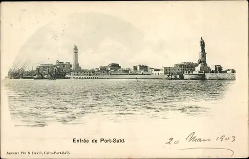 Ak Port Said Ägypten, Hafeneingang, Leuchtturm, Statue