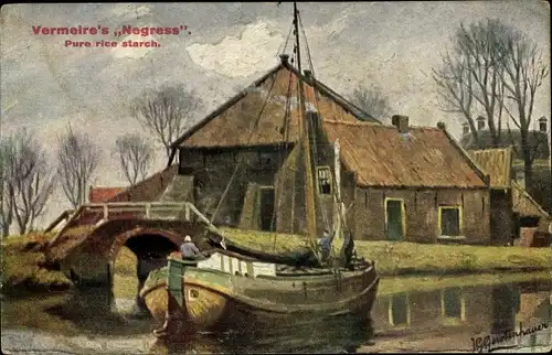 Künstler Ak Gerstenhauer, Johann Georg, niederländisches Motiv, Kanal, Fischerboot, Brücke, Haus