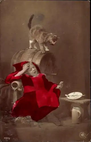 Ak Schlafendes Kindl, Katze auf einem Bierfass, NPG 463/9