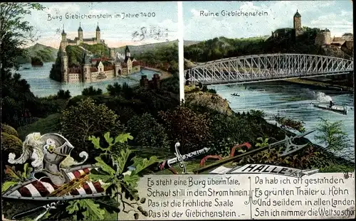 Ak Halle an der Saale, Burg Giebichenstein im Jahre 1400 und Ruine, Brücke