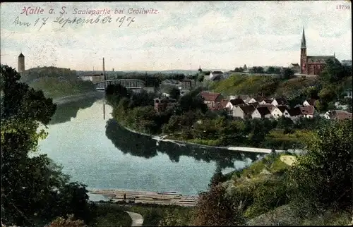 Ak Kröllwitz Halle an der Saale, Flusspartie mit Blick auf die Stadt