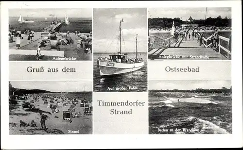 Ak Ostseebad Timmendorfer Strand, Strandpartie, Anlegebrücke, Brandung, Strandhalle