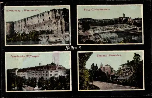 Ak Halle an der Saale, Moritzburg, Burg Giebichenstein, Soolbad Wittekind, Franckesche Stiftungen