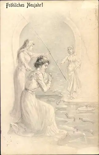 Künstler Ak Glückwunsch Neujahr, Drei Frauen angeln am Fluss