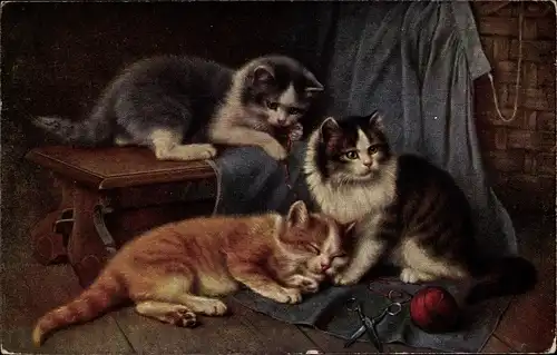 Künstler Ak Drei junge Katzen, Wollknäuel, Schere