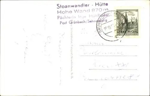 Ak Grünbach Hohe Wand Niederösterreich, Stoanwandler Hütte