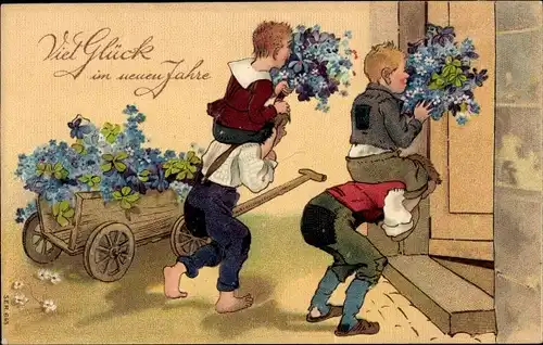 Präge Ak Glückwunsch Neujahr, Jungen Huckepack mit Blumen an der Tür