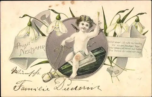 Litho Glückwunsch Neujahr, Engel, Sektflasche, Schneeglocken