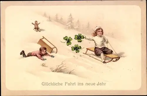 Präge Ak Glückwunsch Neujahr, Kinder fahren Schlitten, Glücksklee