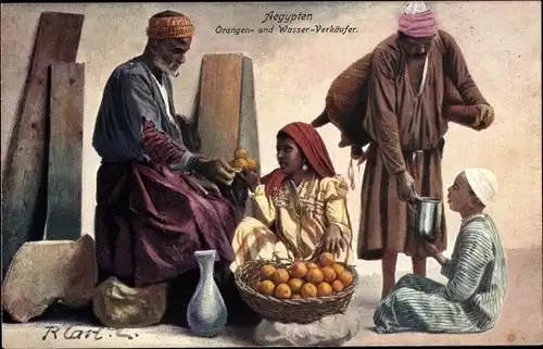 Ak Ägypten, Orangen- und Wasserverkäufer, Ägyptische Tracht, Handel