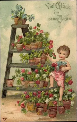 Präge Ak Glückwunsch Neujahr, Kind, Blumen, Glücksklee