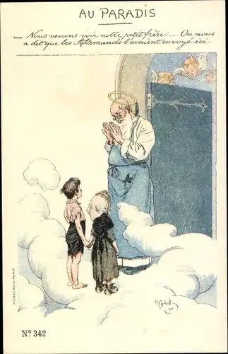 Künstler Ak Gerbault, H., Zwei Kinder stehen vor Himmelspforte, Petrus