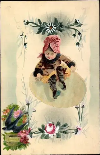 Ak Mädchen sitzt auf einem großen Ei, Schwalbe, Blumen, Kitsch