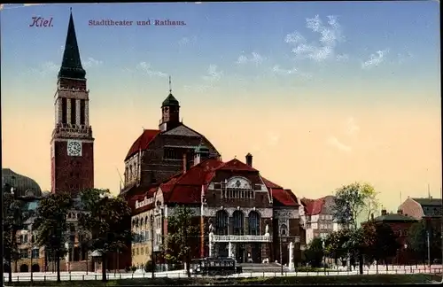 Ak Kiel in Schleswig Holstein, Stadttheater, Rathaus, Turmuhr, Straßenbahn