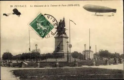 Ak Puteaux Hauts de Seine, Zeppelin am Verteidigungsdenkmal