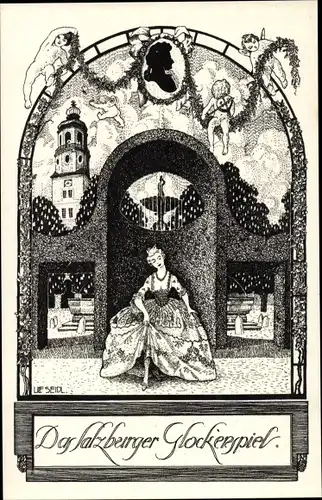 Künstler Ak Seidl, Salzburg in Österreich, Glockenspiel, Scherenschnittportrait, Turm