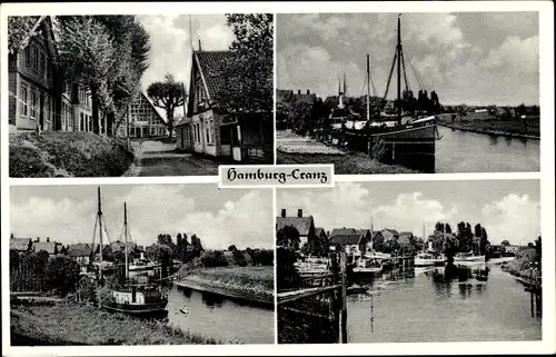 Ak Hamburg Harburg Cranz, Hafen, Schiffe vor Anker, Straßenpartie