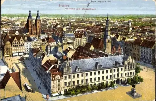 Ak Wrocław Breslau Schlesien, Panorama, Elisabethturm