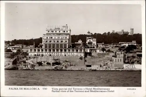 Ak Palma de Mallorca Balearen, Teilansicht des Landes und Hotel Mediterraneo