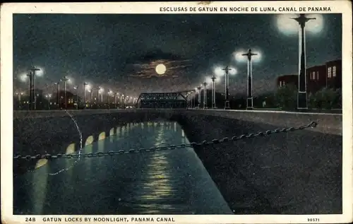 Mondschein Ak Panamakanal Panama, Gatun-Schleusen bei Mondschein