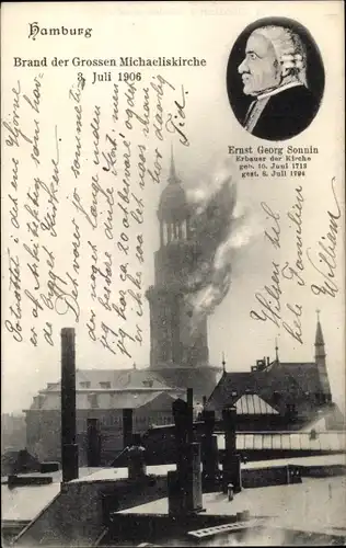 Ak Hamburg Mitte Altstadt, Brand der großen St. Michaeliskirche am 3. Juli 1906, Ernst Georg Sonnin