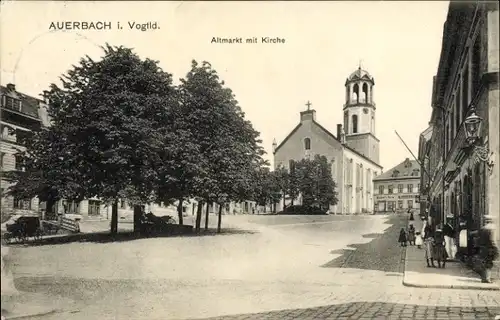 Ak Auerbach im Vogtland, Wagner's Bazar am Altmarkt mit Kirche