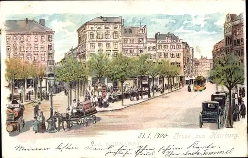 Litho Hamburg Mitte Altstadt, Gr. Neumarkt, Straßenbahn, Kutsche