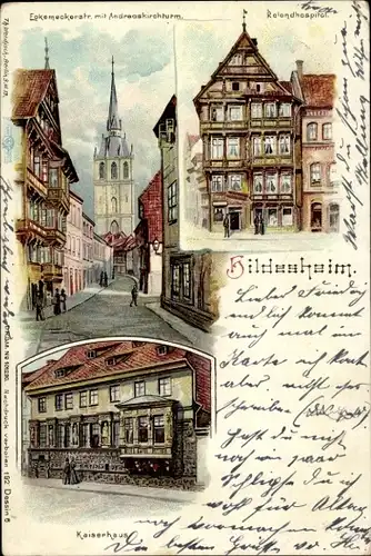 Litho Hildesheim in Niedersachsen, Rolandhospital, Kaiserhaus, Andreaskirchturm