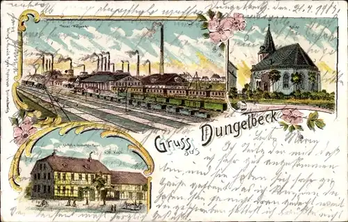 Litho Dungelbeck Peine in Niedersachsen, Walzwerk, Kirche, Gasthaus