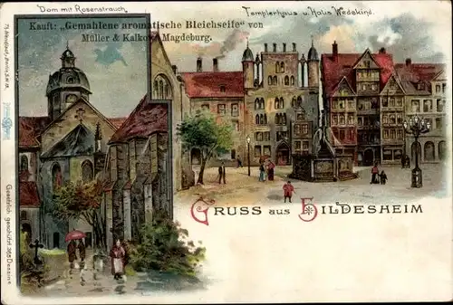 Litho Hildesheim in Niedersachsen, Dom mit Rosenstrauch, Templerhaus und Haus Wedekind