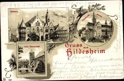 Litho Hildesheim in Niedersachsen, Rathaus, Feste Stenerwald, Pfarrkirche St. Godehard