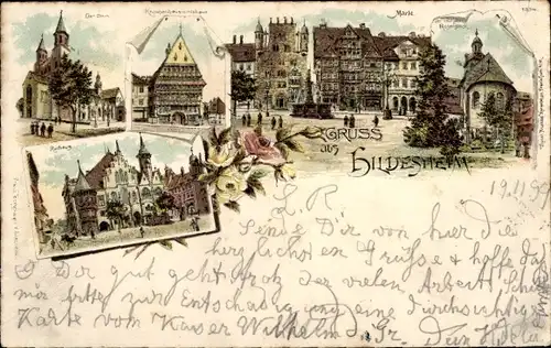 Litho Hildesheim in Niedersachsen, Dom, Rathaus, Knochenhaueramtshaus, Markt, Rosenstock