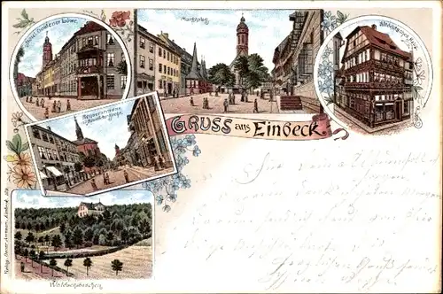 Litho Einbeck in Niedersachsen, Marktplatz, Altdeutsches Haus, Hotel Goldener Löwe, Waldschlösschen