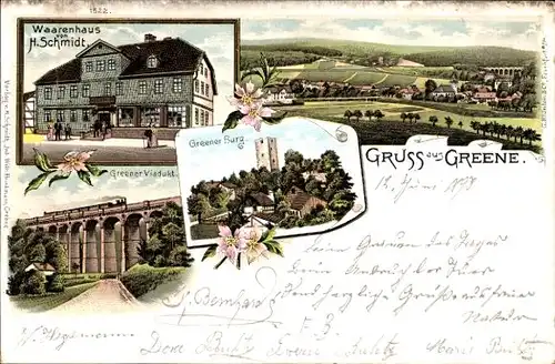 Litho Greene Einbeck in Niedersachsen, Warenhaus H. Schmidt, Viadukt, Burg