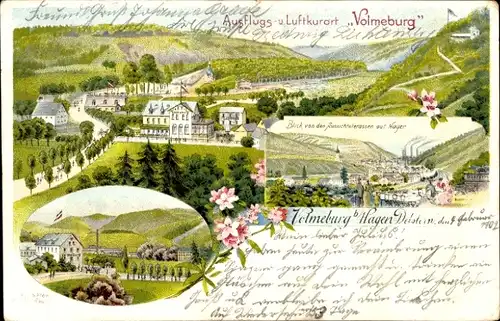 Litho Hagen in Westfalen, Delstern, Gastwirtschaft Volmeburg, Stadtpanorama